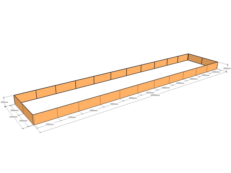 Rectangular planter 16000L x 3100W x 600T