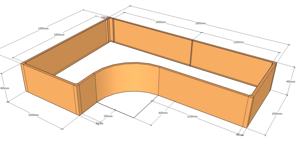 L-shaped 2850-1950-600R-450-T